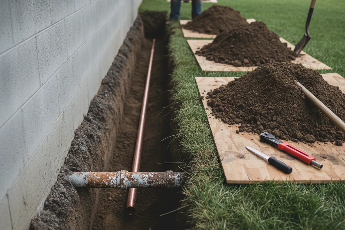 Excavated water line trench during Water Heater Repair in Hidalgo